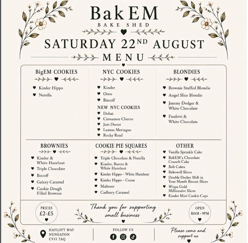 BakEM Bake Shed menu